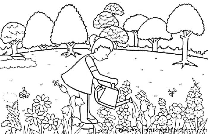 Раскраска Девочка поливает цветы в саду, деревья на заднем плане