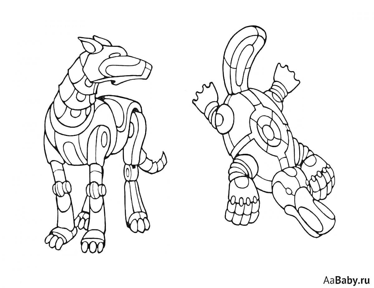 Раскраска Собака робот: два различных ракурса, один прямоходящий и другой на спине