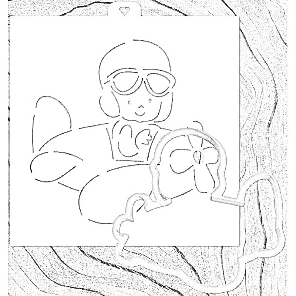 Раскраска Раскраска с пряником на 23 февраля: пилот в самолете и форма для вырезки