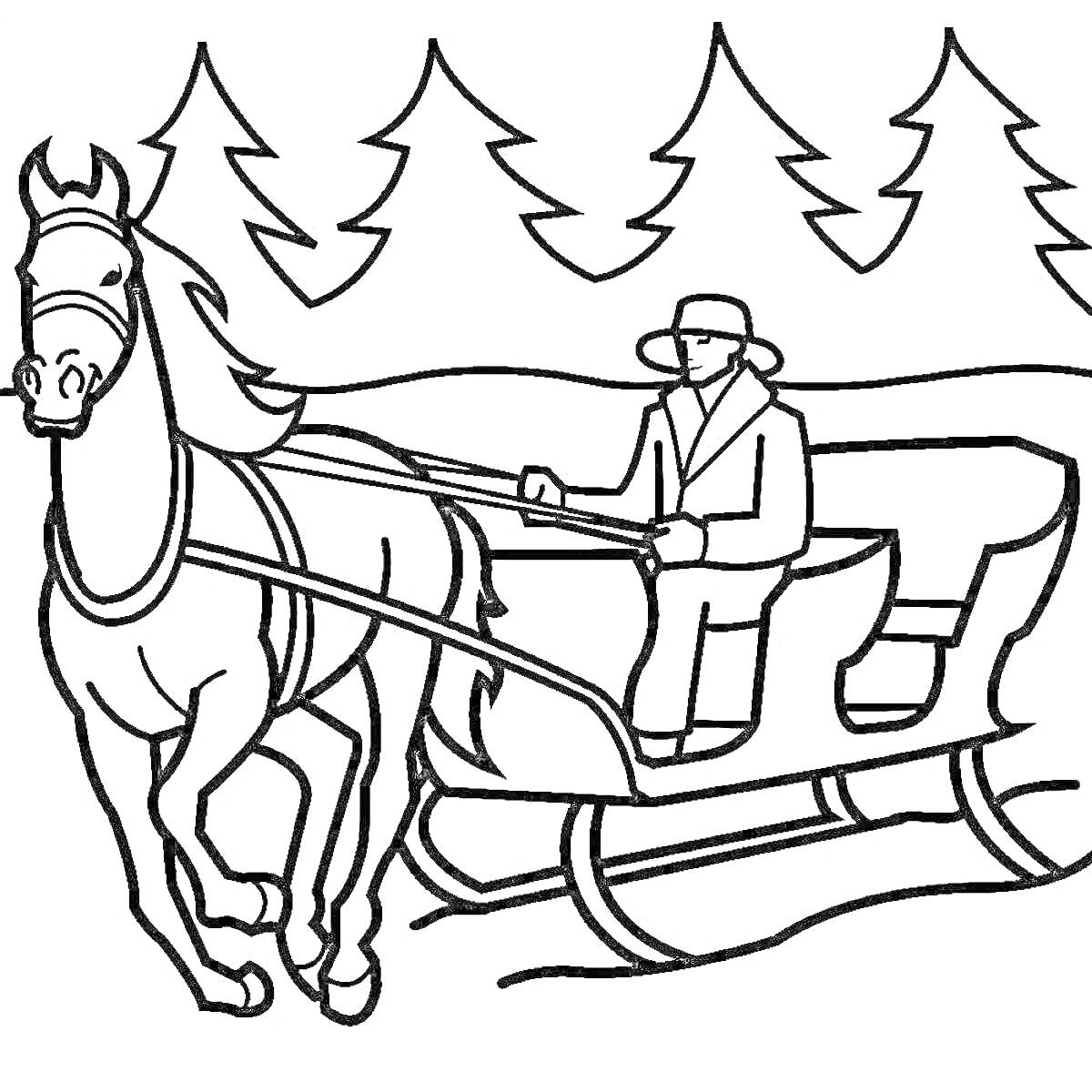 На раскраске изображено: Лошадь, Сани, Человек, Зима, Снег, Лес, Деревья, Природа