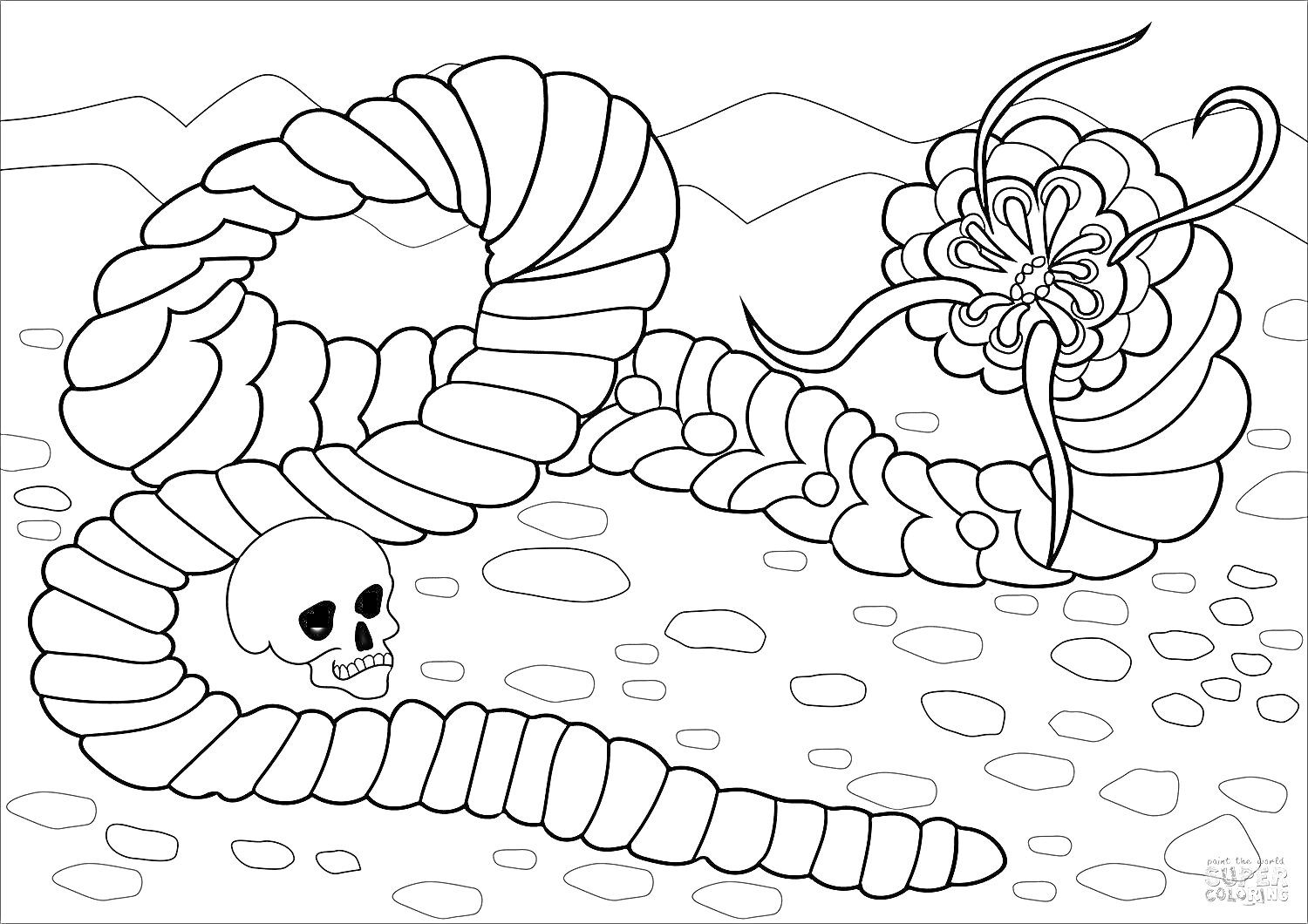 Раскраска Мостовой червяк с черепом, каменистым фоном и горами
