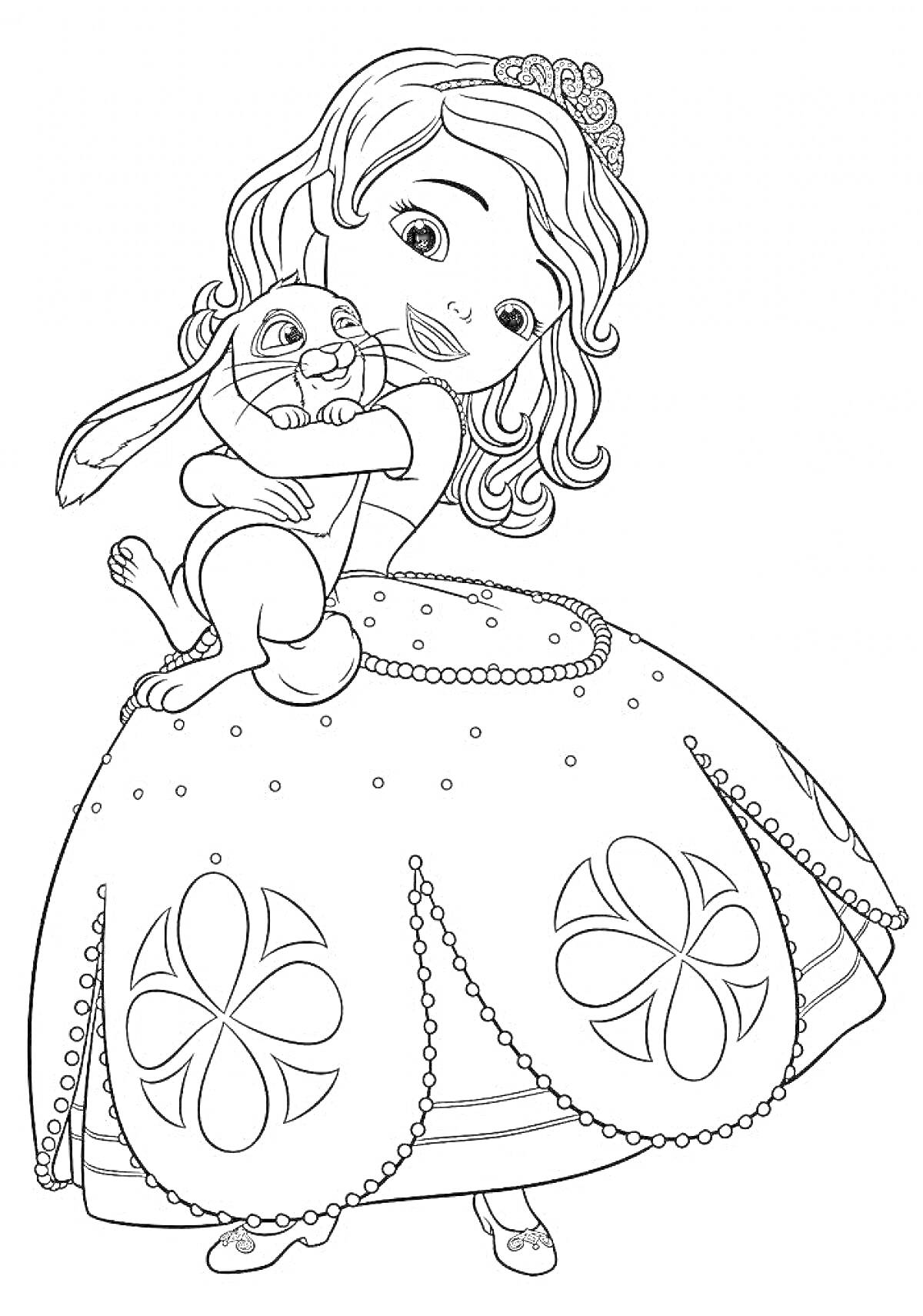 На раскраске изображено: Девочка, Кролик, Цветочный узор, Принцесса