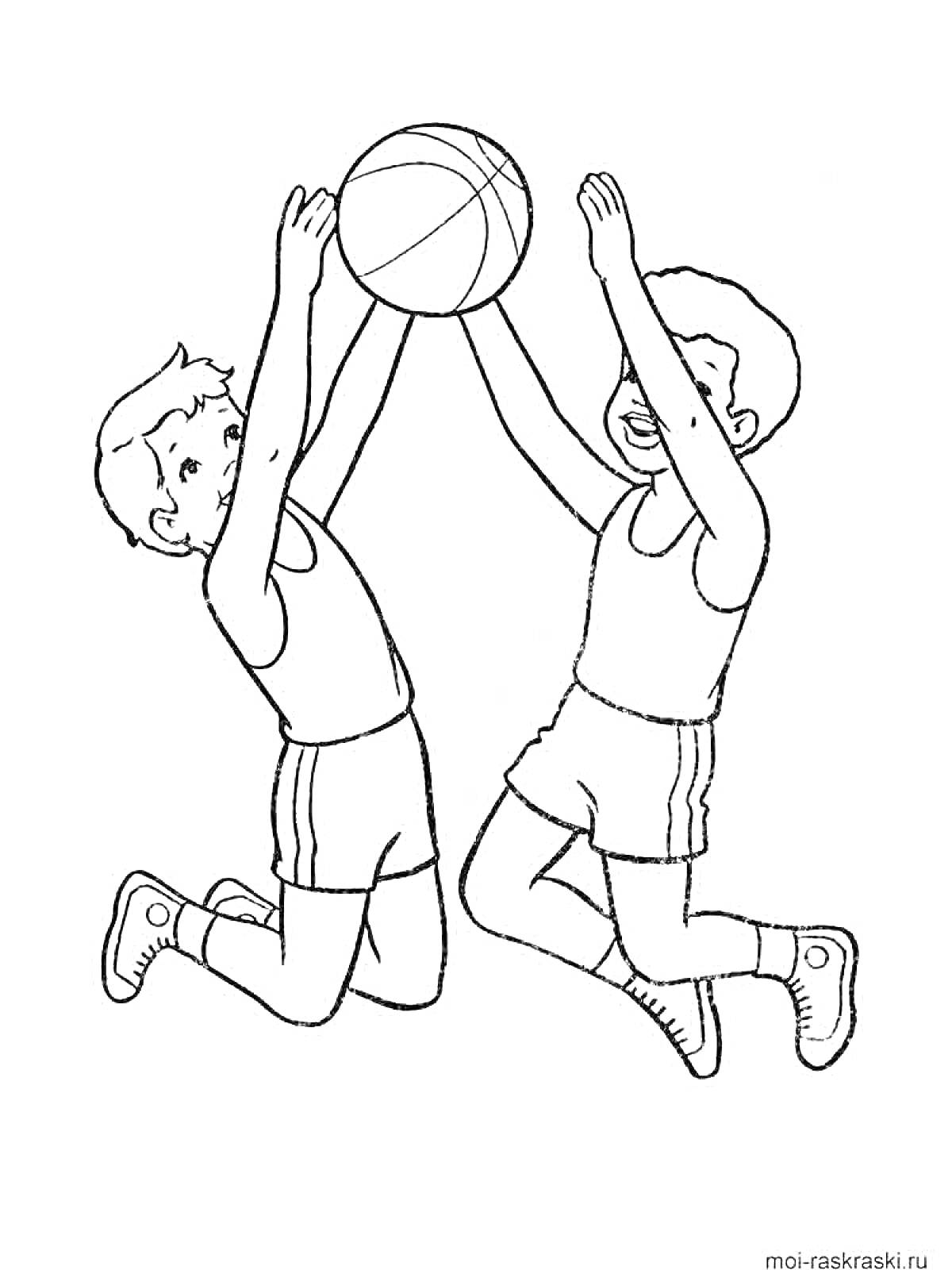 Раскраска Два мальчика играют в баскетбол, пытаясь поймать мяч
