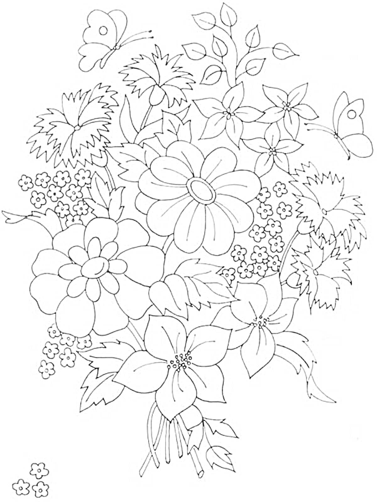 Раскраска Букет цветов с бабочками и листьями