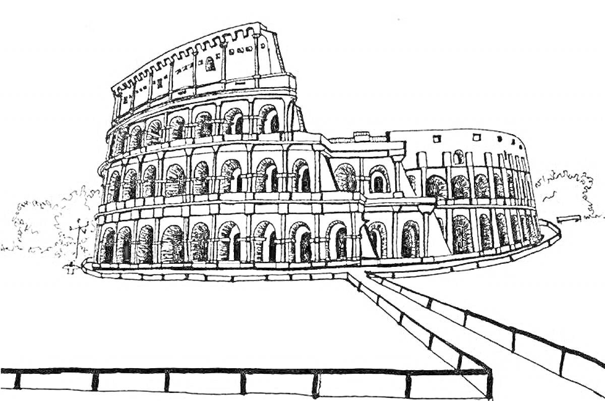На раскраске изображено: Колизей, Древний Рим, Архитектура, Италия, Туризм, Древние руины