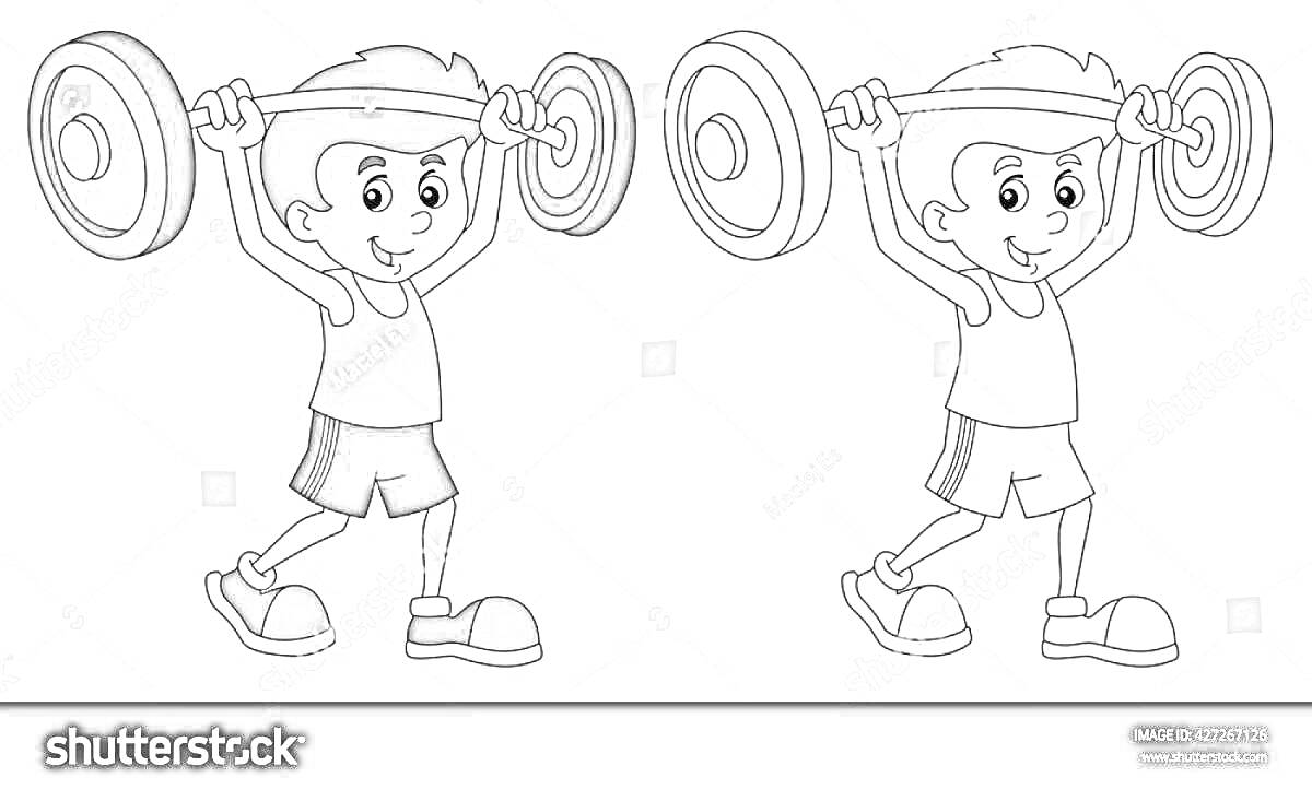 Раскраска Два мальчика-штангиста поднимают штангу, один уже раскрашен, другой готовится к раскрашиванию