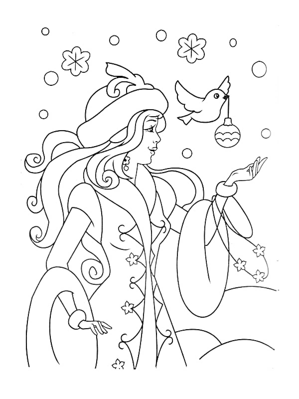 Раскраска Снегурочка с птицей, держащей новогоднюю игрушку, снежинки и снег