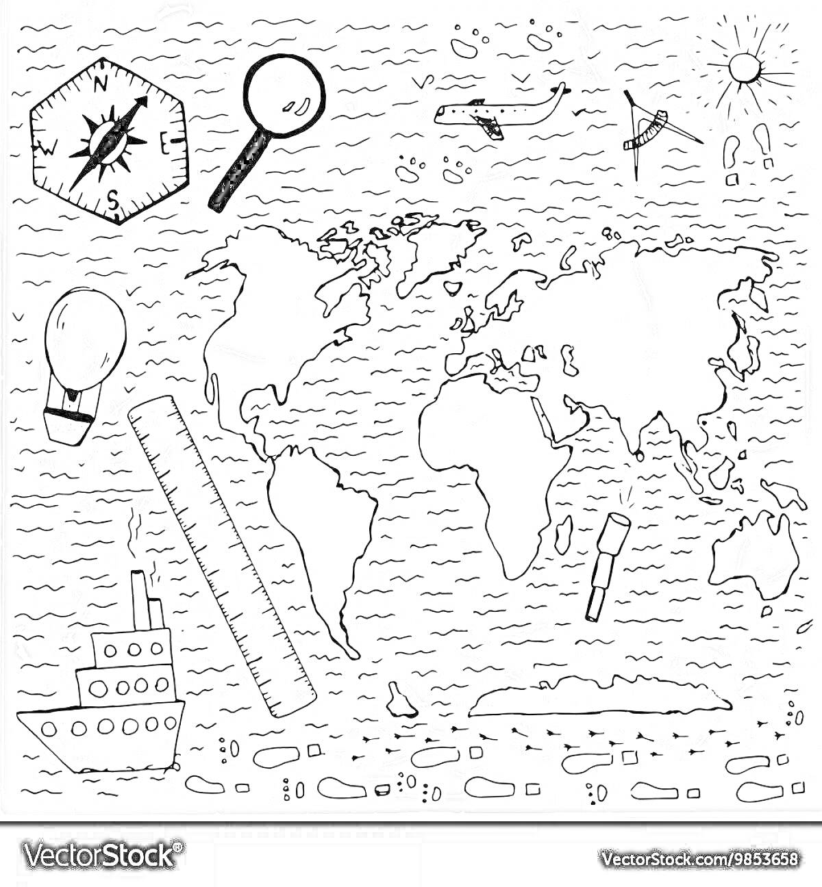 На раскраске изображено: Карта мира, Компас, Лупа, Корабль, Линейка, Маркеры, Солнце, Вертолет, Подводная лодка, География, Путешествия