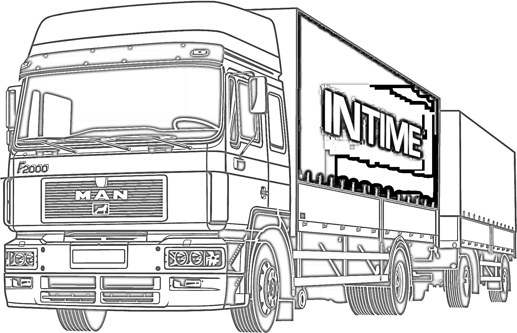 Раскраска грузовик КамАЗ 54115 с прицепом и надписью INTIME