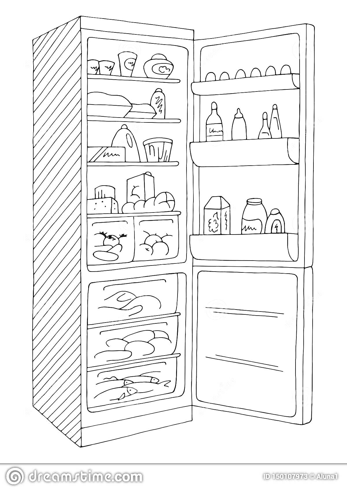 Раскраска Холодильник с продуктами, включающими банки, бутылки, яйца, овощи, фрукты, коробки и контейнеры на полках и в ящиках