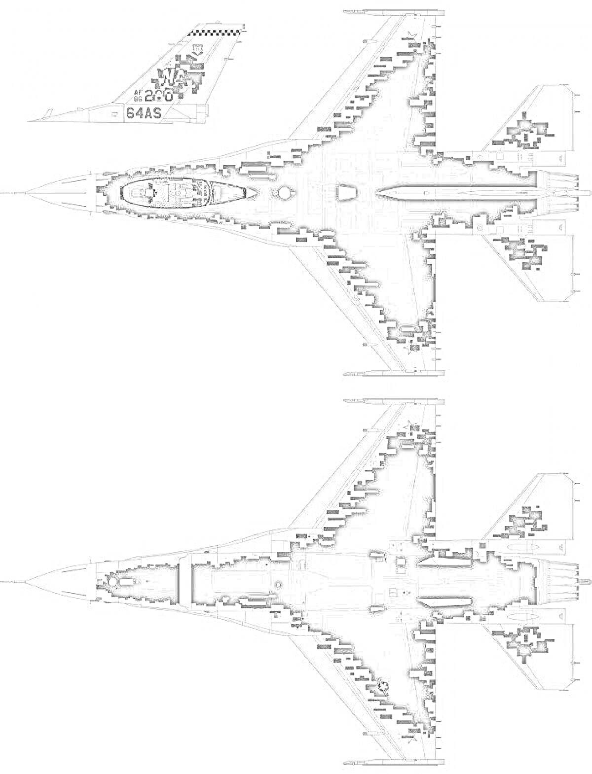 Раскраска Раскраска самолета Су-57 с камуфляжной окраской, вид сверху и сбоку, хвостовая часть с номером 