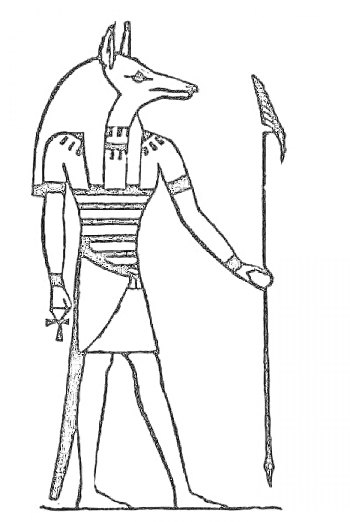 На раскраске изображено: Анубис, Бог, Древний Египет, Анкх, Египетский бог, Мифические существа