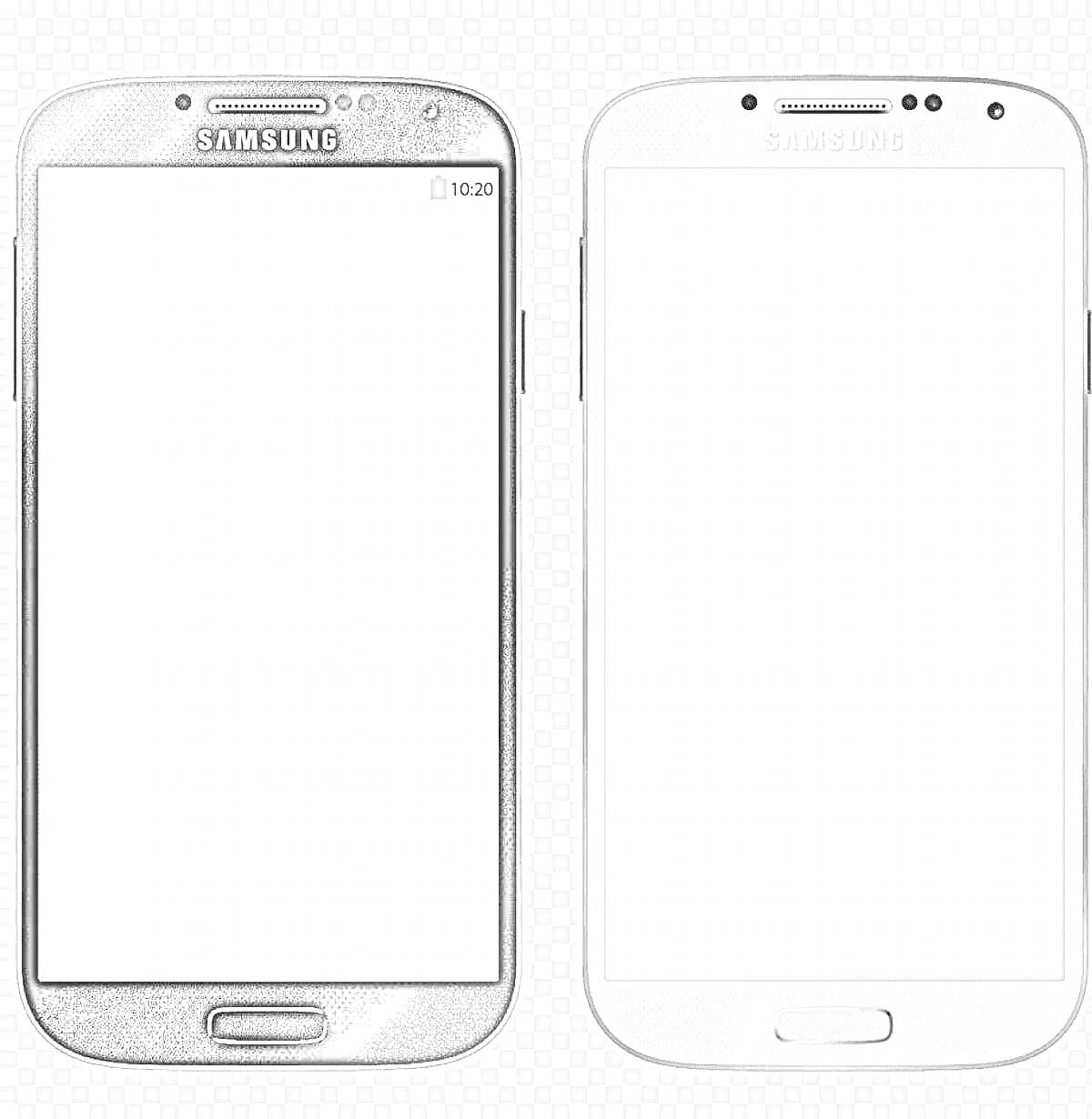 Раскраска Два смартфона Samsung: черный и белый, с экраном, значками сети и батареи, кнопкой домой внизу