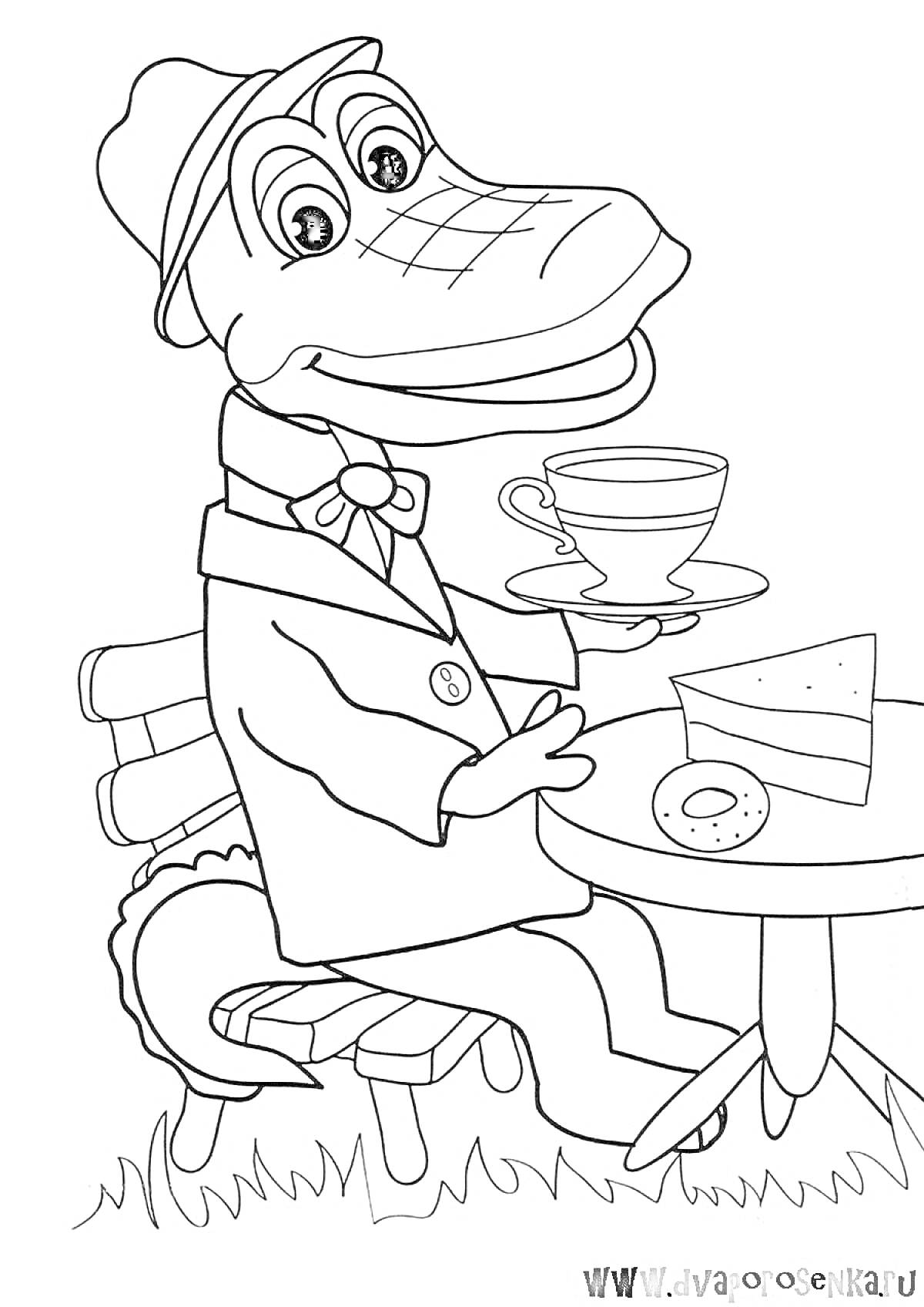 Раскраска Крокодил Гена за столом с чаем и пирожными