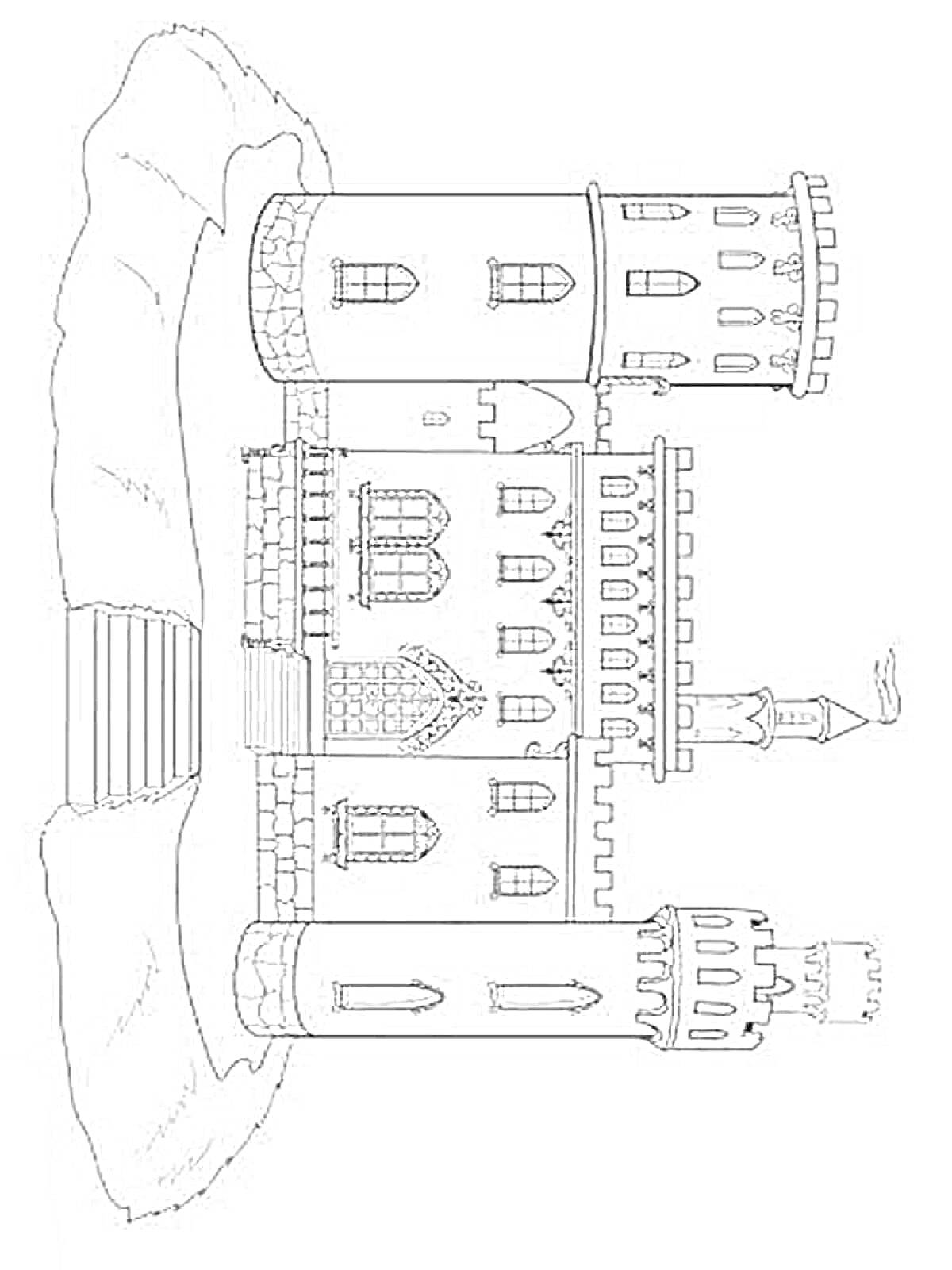 На раскраске изображено: Замок, Башни, Ворота, Лестница, Флаг, Крепость, Из сказок, Средневековье