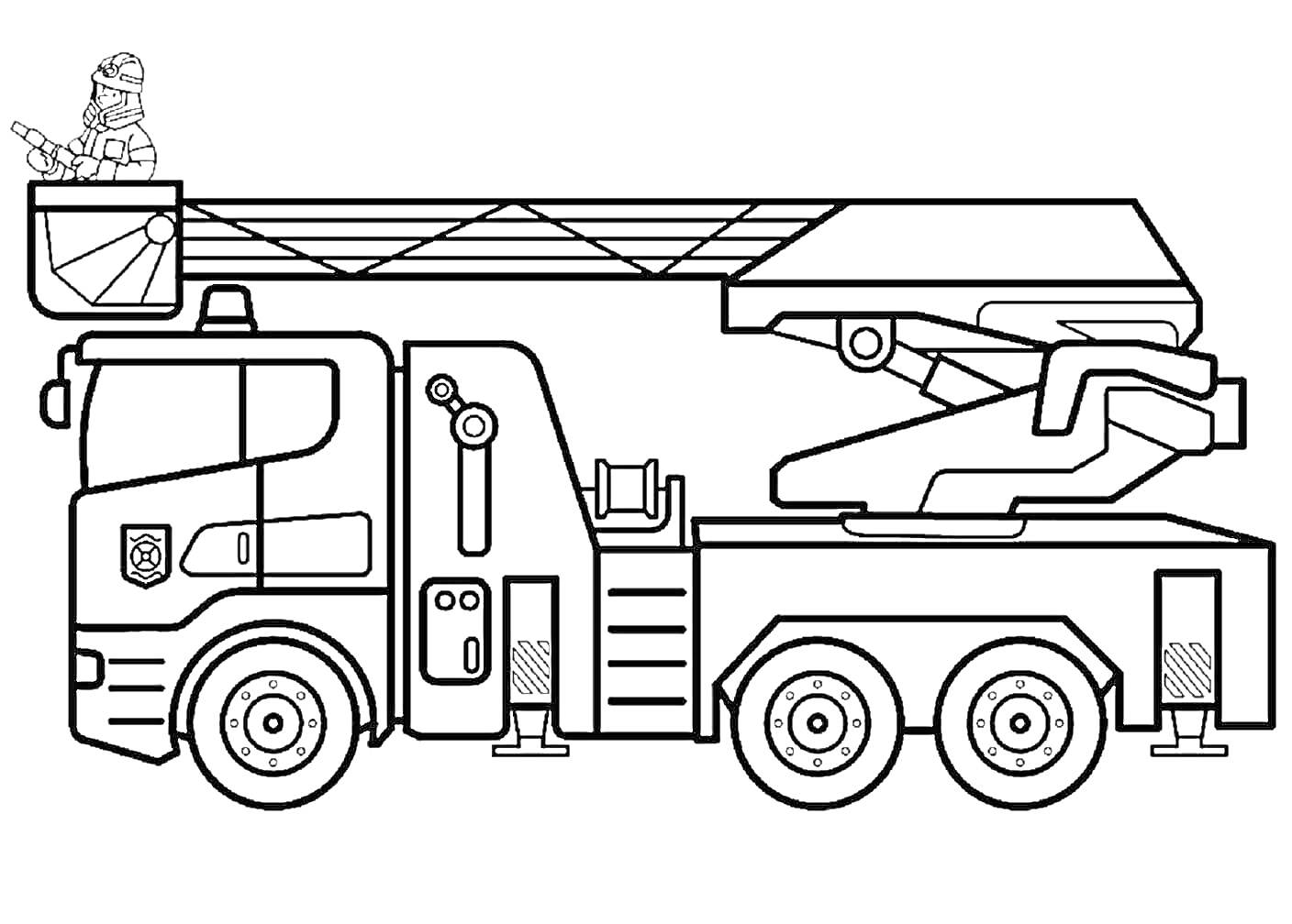 Раскраска Пожарная машина с выдвижной лестницей и пожарным в люльке