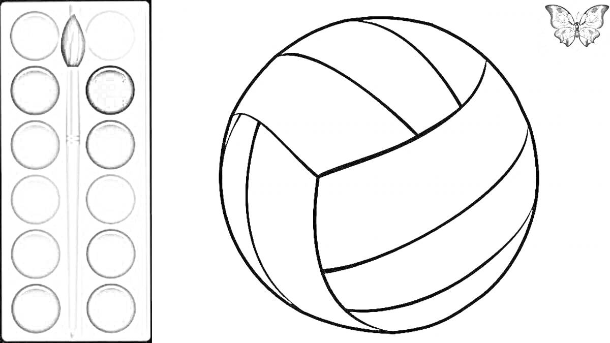На раскраске изображено: Мячик, Волейбольный мяч, Краски, Бабочка, Для детей, 4-5 лет, Творчество