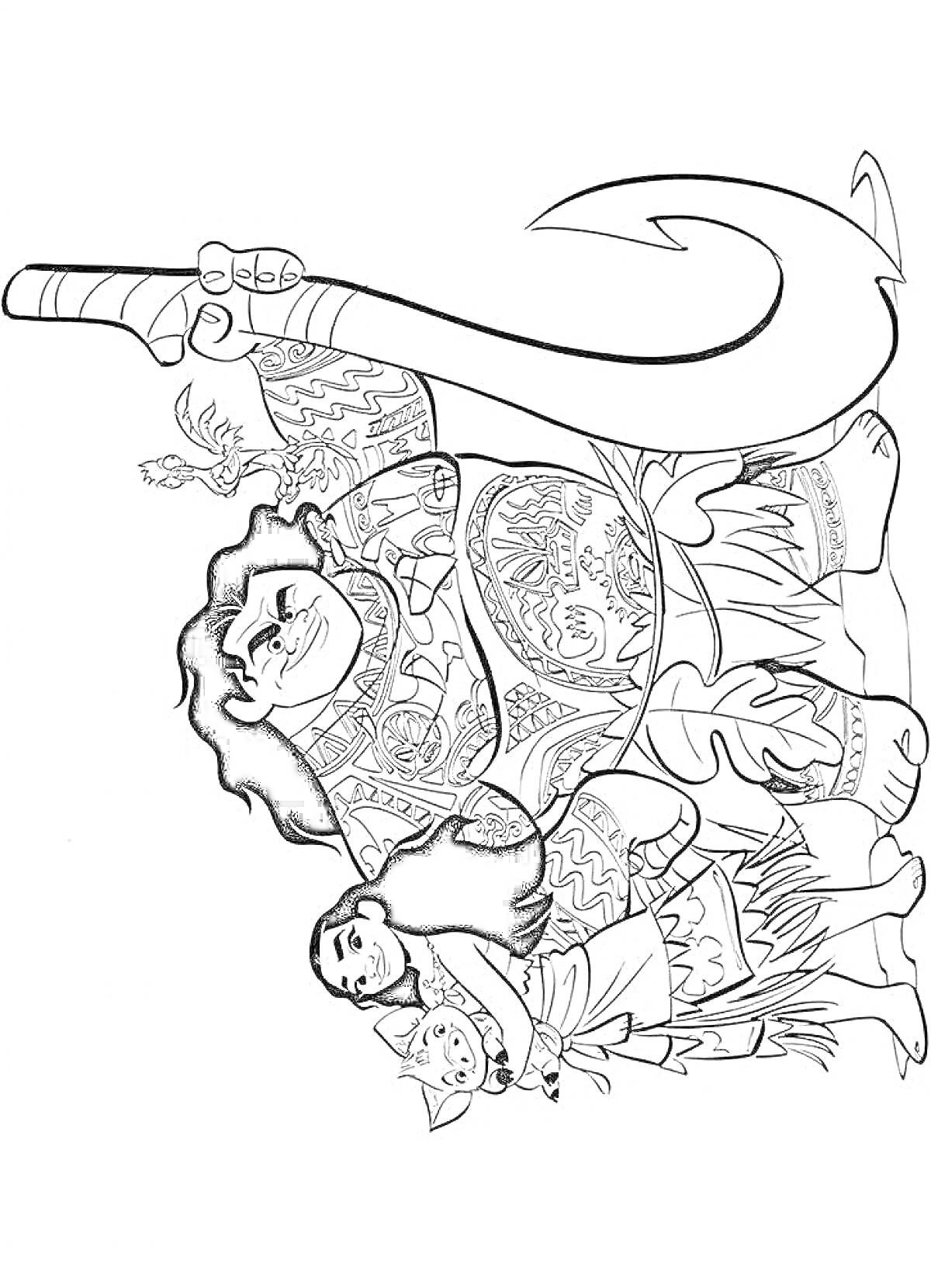 Раскраска Мауи с крюком, стоящий рядом с девочкой и свиньей