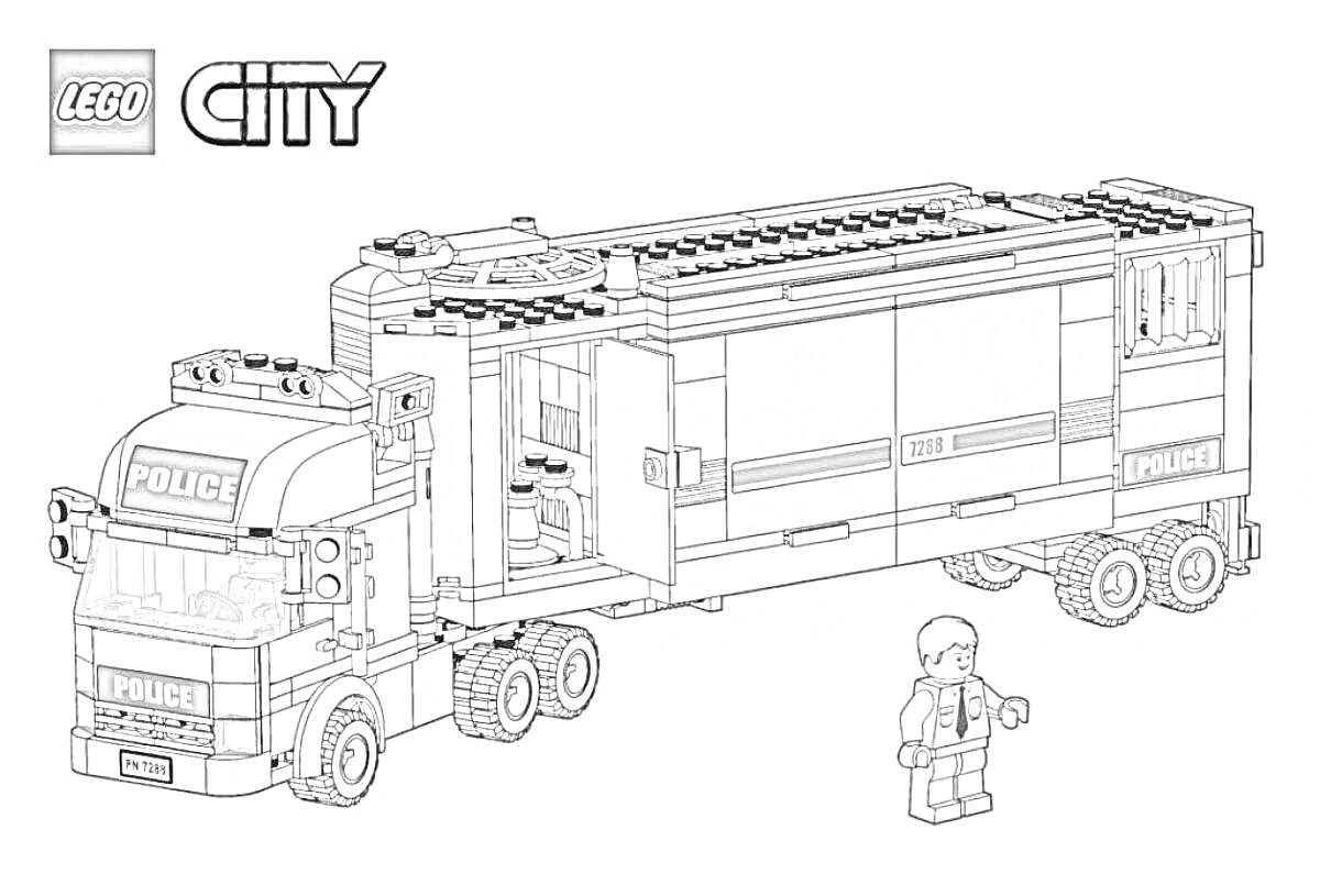 Раскраска Полицейский грузовик с фигуркой полицейского из серии LEGO City