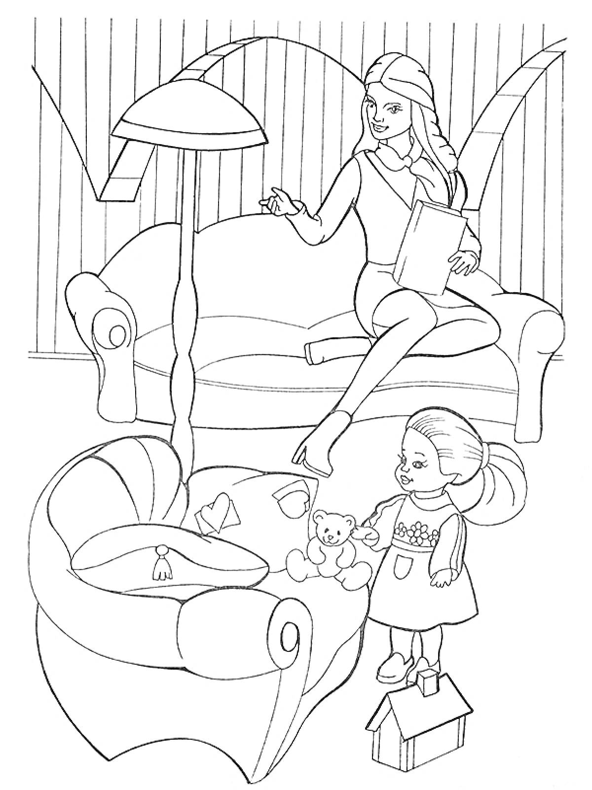 Раскраска Мама сидит на диване с книгой, дочка стоит рядом с плюшевым медведем и домиком