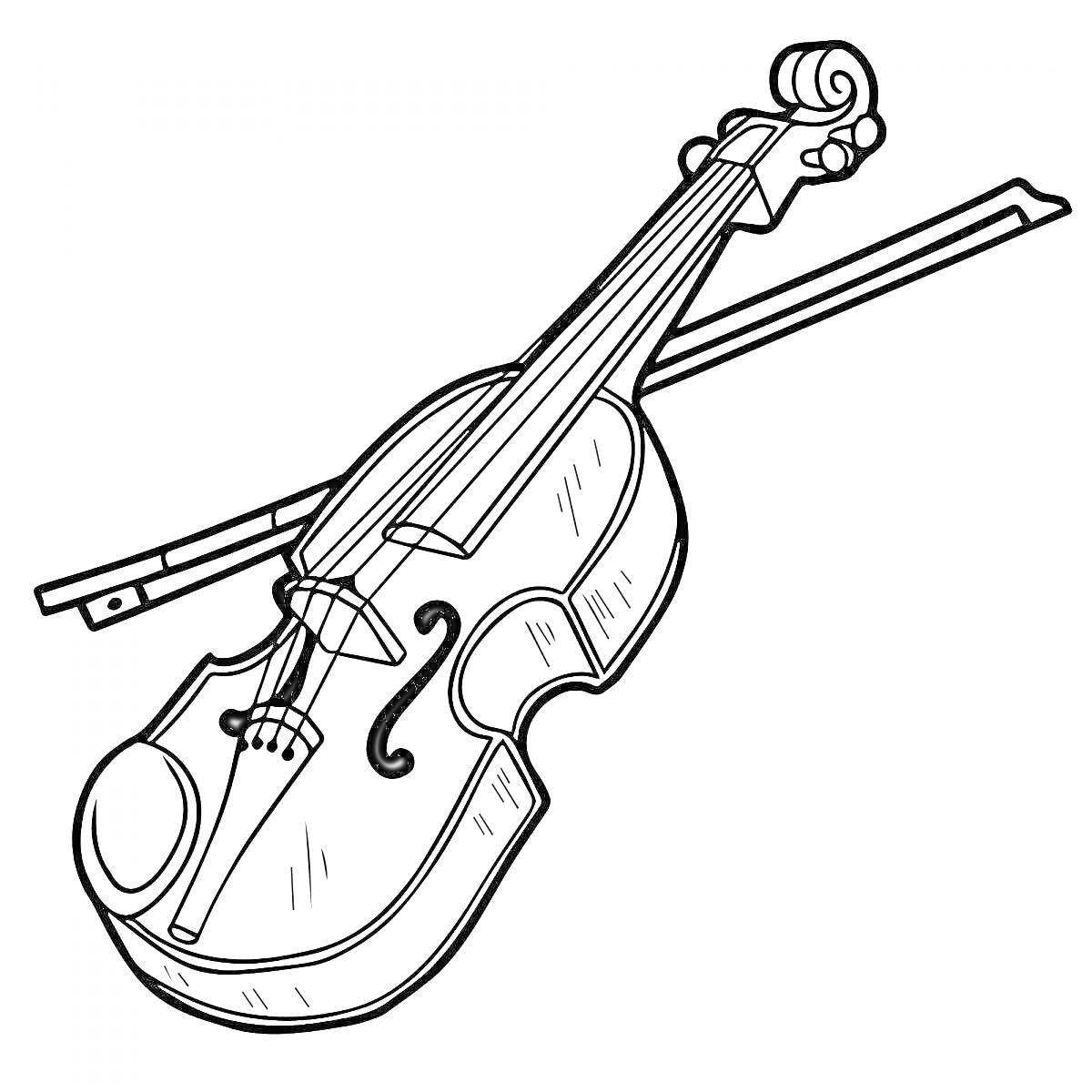 На раскраске изображено: Скрипка, Смычок, Музыкальный инструмент, Классическая музыка, Контурные рисунки