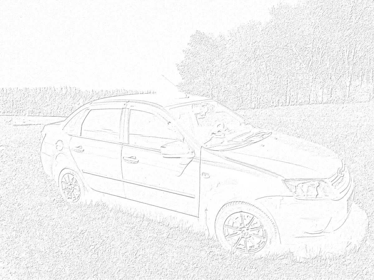 Раскраска Lada Vesta на траве на фоне леса