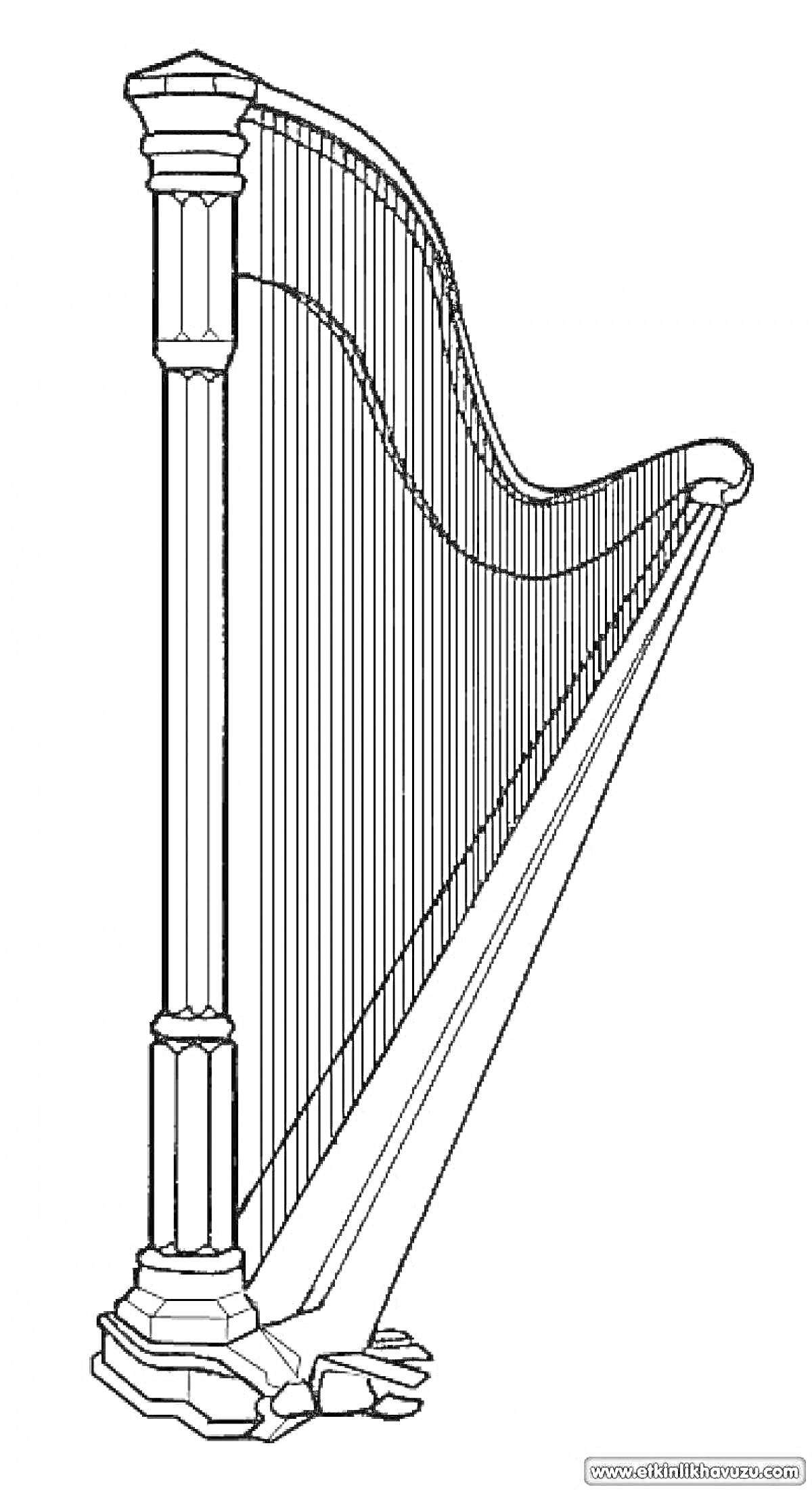 На раскраске изображено: Арфа, Музыкальный инструмент, Струны, Колонны, Инструмент, Классическая музыка