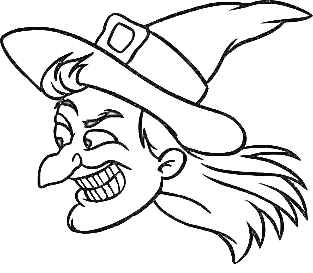 Раскраска Злая ведьма с длинным носом, острыми зубами, в шляпе с пряжкой и длинными волосами