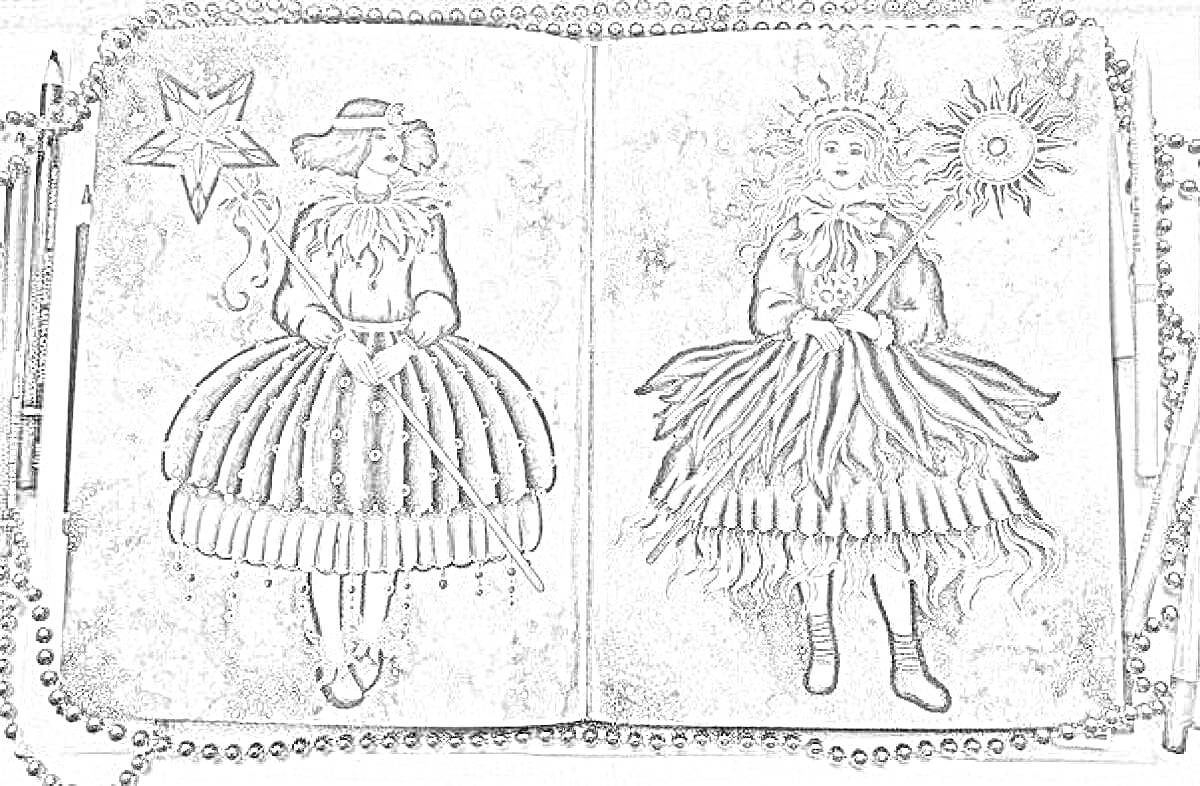 Раскраска Две девушки в богато украшенных платьях с масками и звездами, фон – мистический полуночный пейзаж