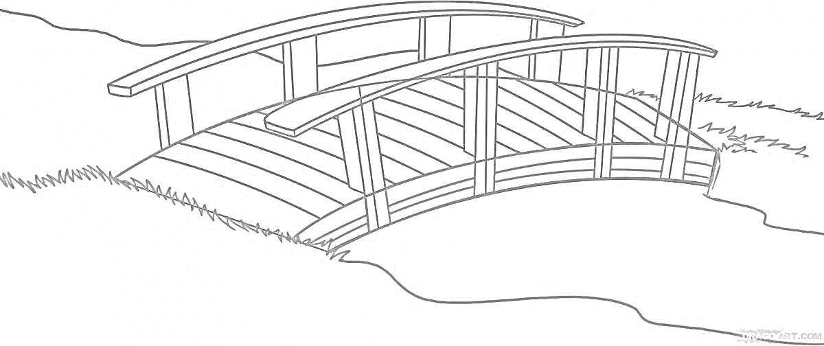 На раскраске изображено: Мост, Деревянный мост, Ручей, Природа, Трава, Для детей