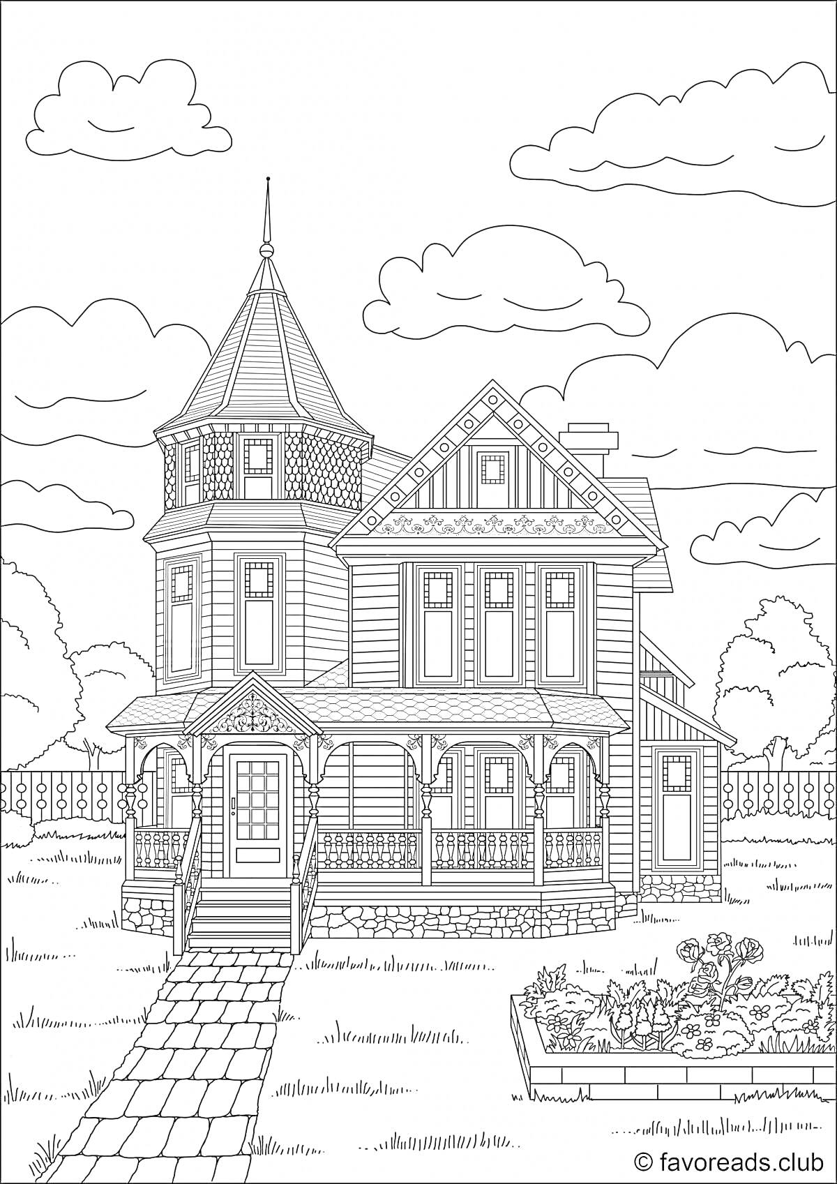 На раскраске изображено: Особняк, Дом, Крыльцо, Забор, Входная дверь, Клумба, Цветы, Облака, Архитектура