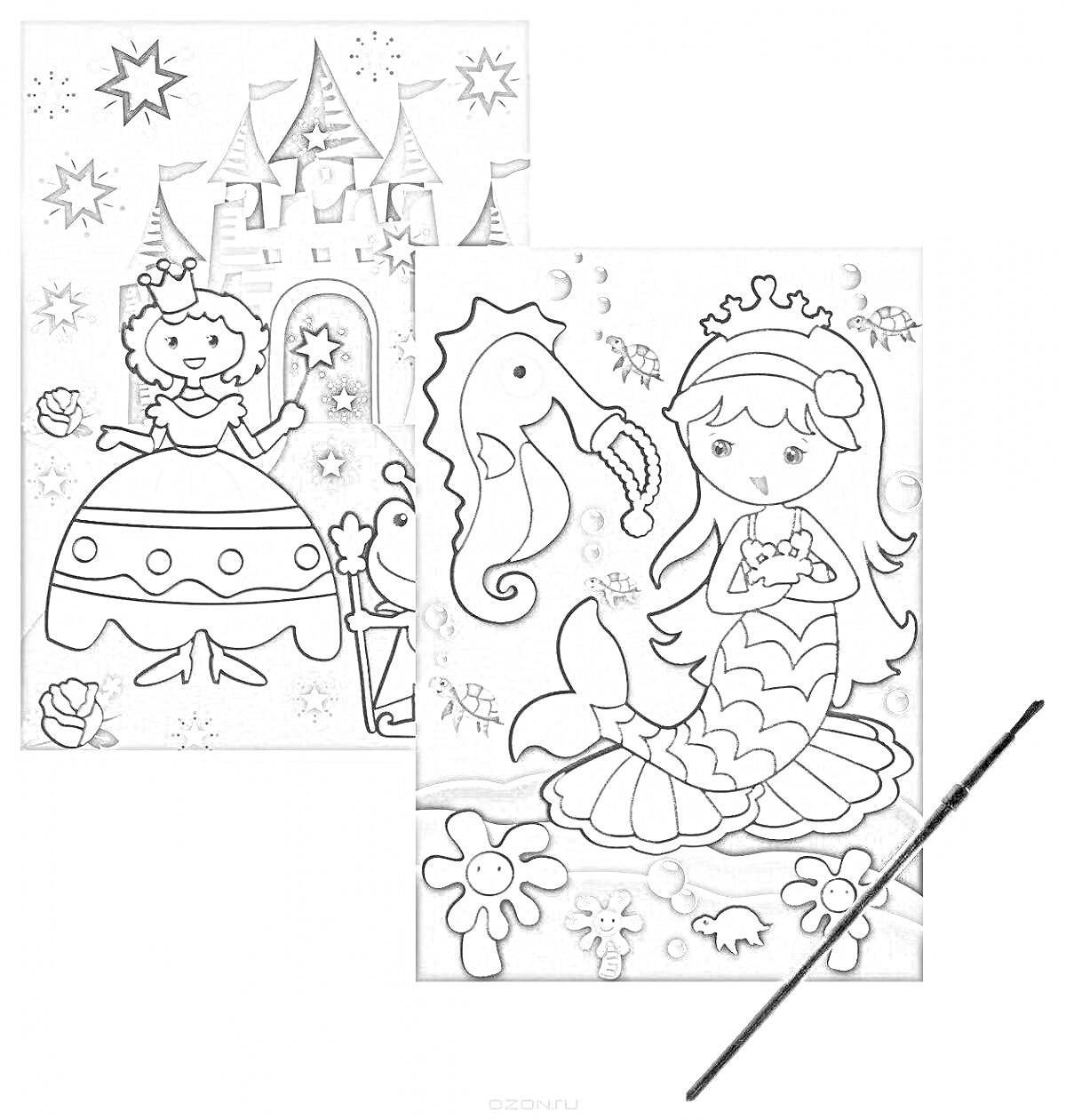 На раскраске изображено: Принцесса, Замок, Подводный мир, Морской конек, Русалка, Творчество, Для детей, Лягушки