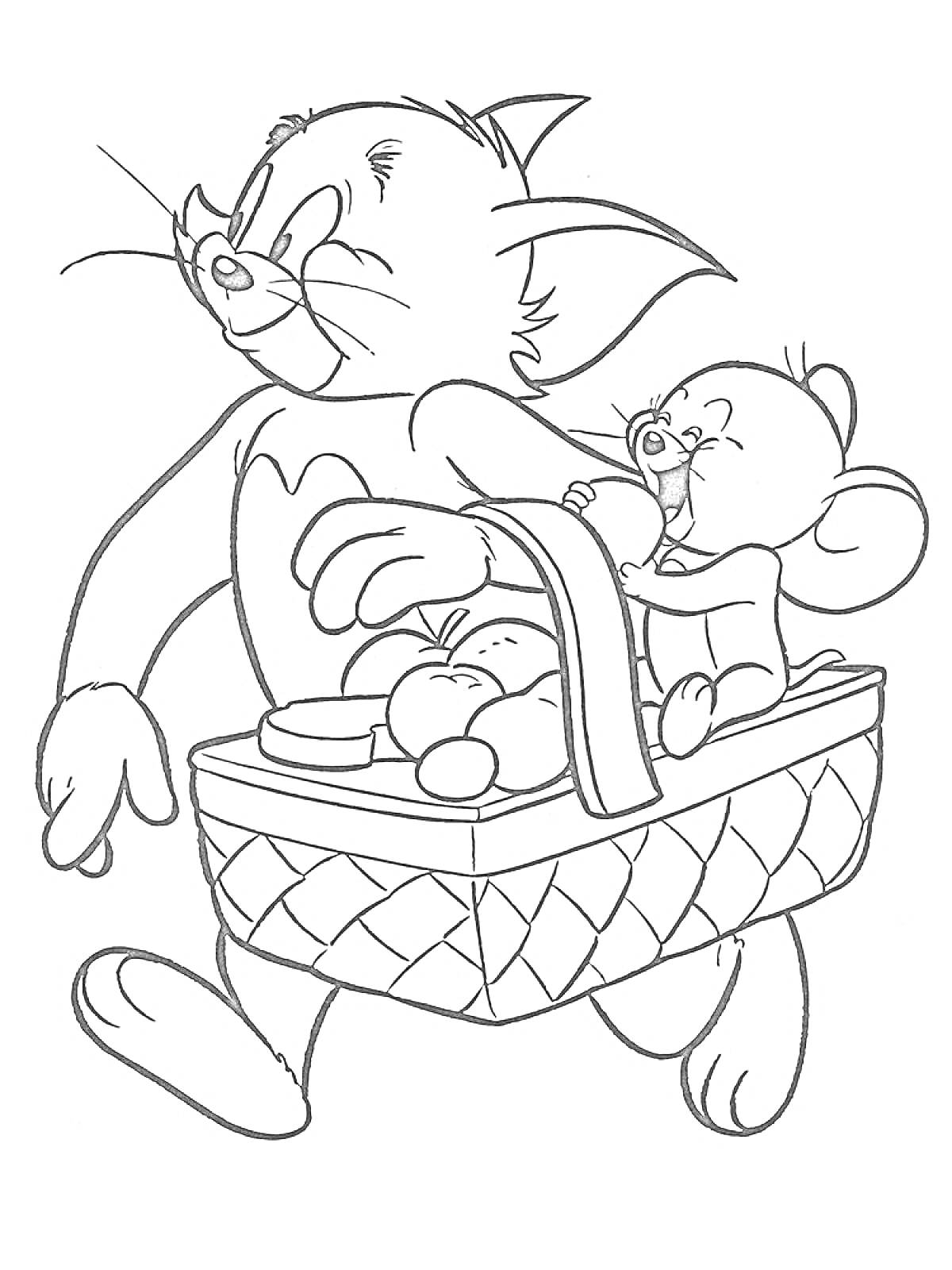 Раскраска Кот и мышонок с корзиной для пикника