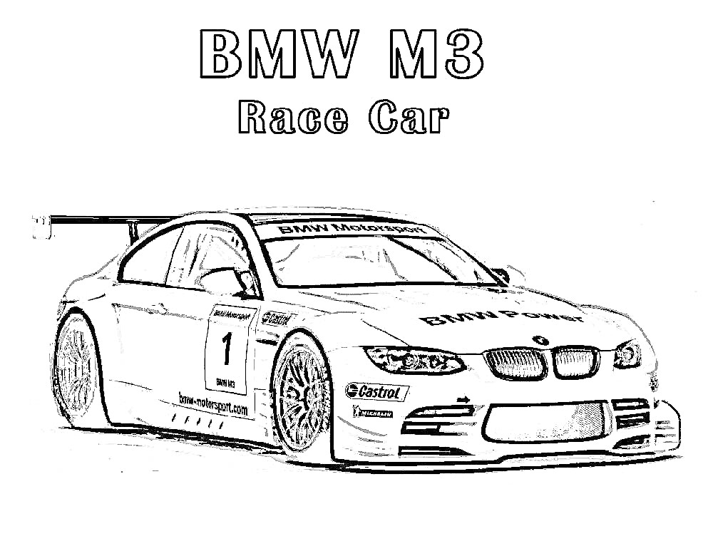 РаскраскаBMW M3 гоночный автомобиль с номером 1, аэродинамическим спойлером и логотипами на дверях
