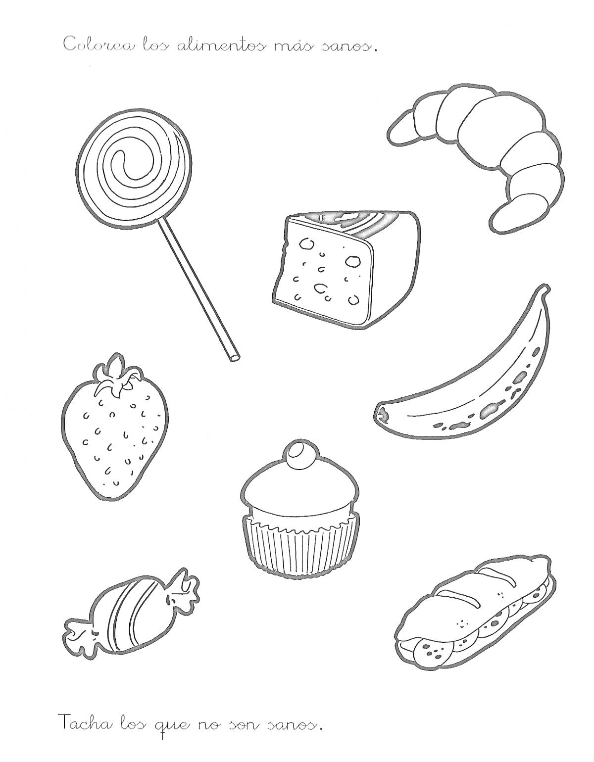 На раскраске изображено: Сыр, Банан, Клубника, Кекс, Хот-дог, Еда, Здоровая еда, Для малышей