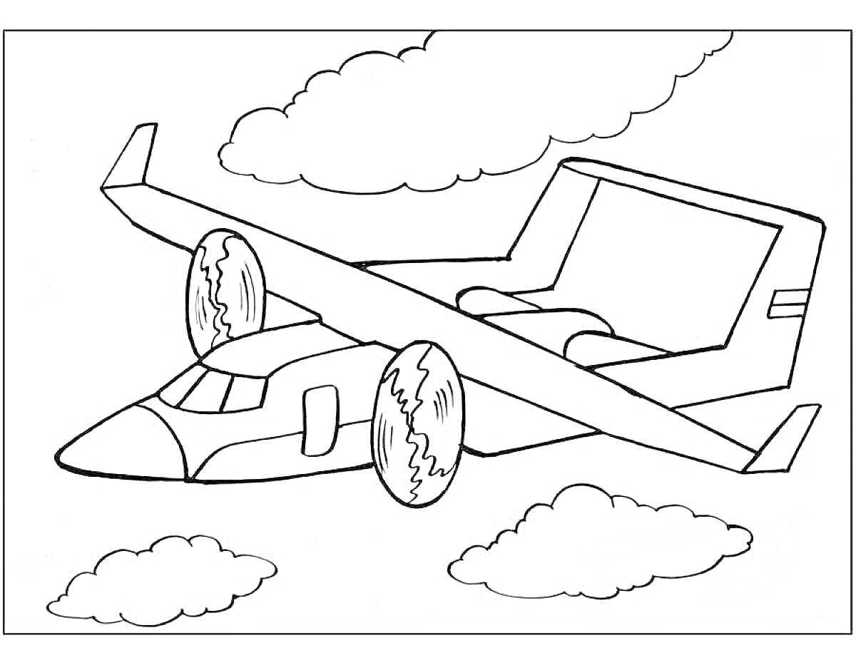 Раскраска Самолет с двумя двигателями в небе среди облаков