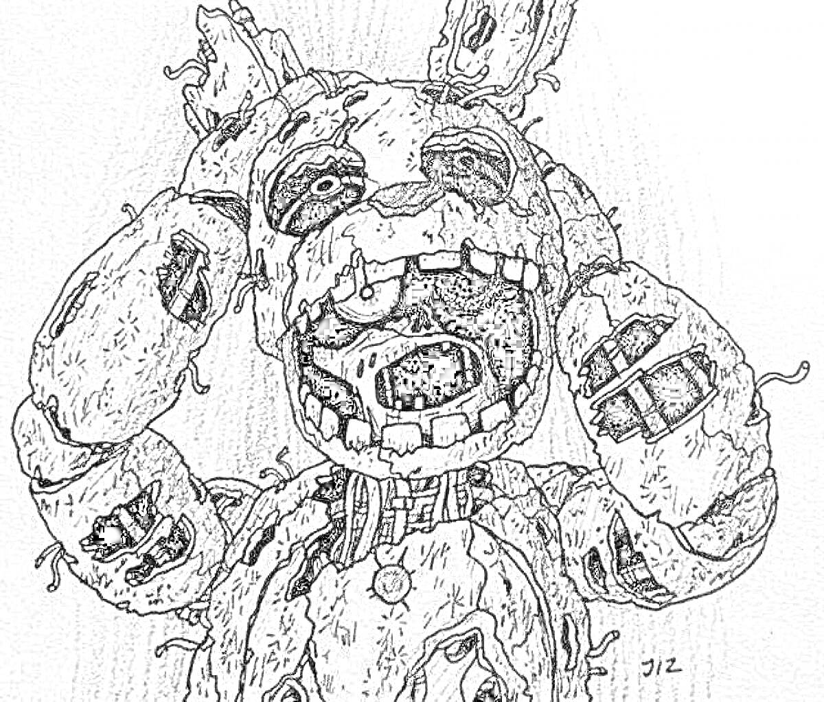 Раскраска Спрингтрап с повреждёнными ушами и телом