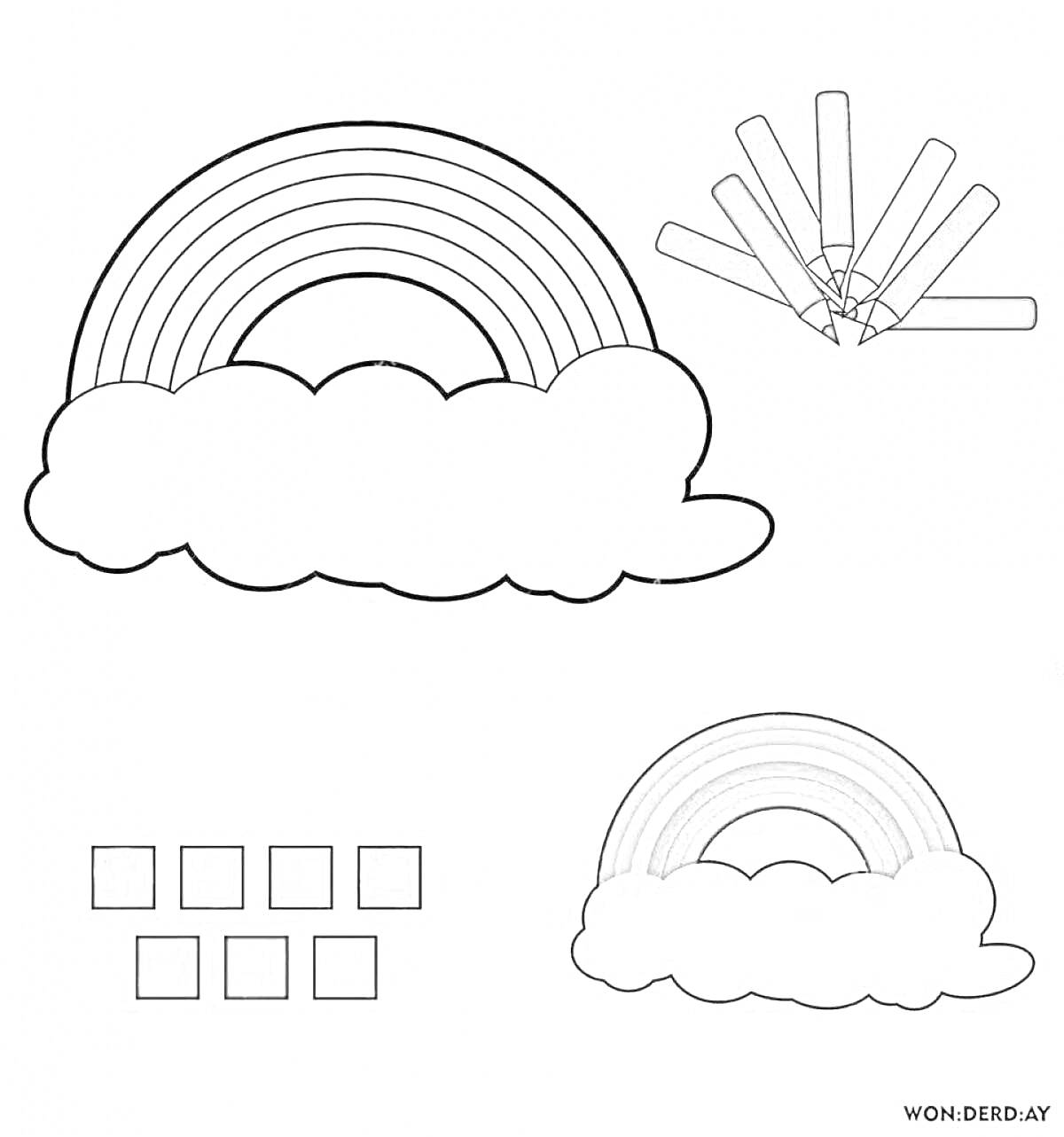 Раскраска Радуга с облаком, цветные карандаши, квадраты серых оттенков
