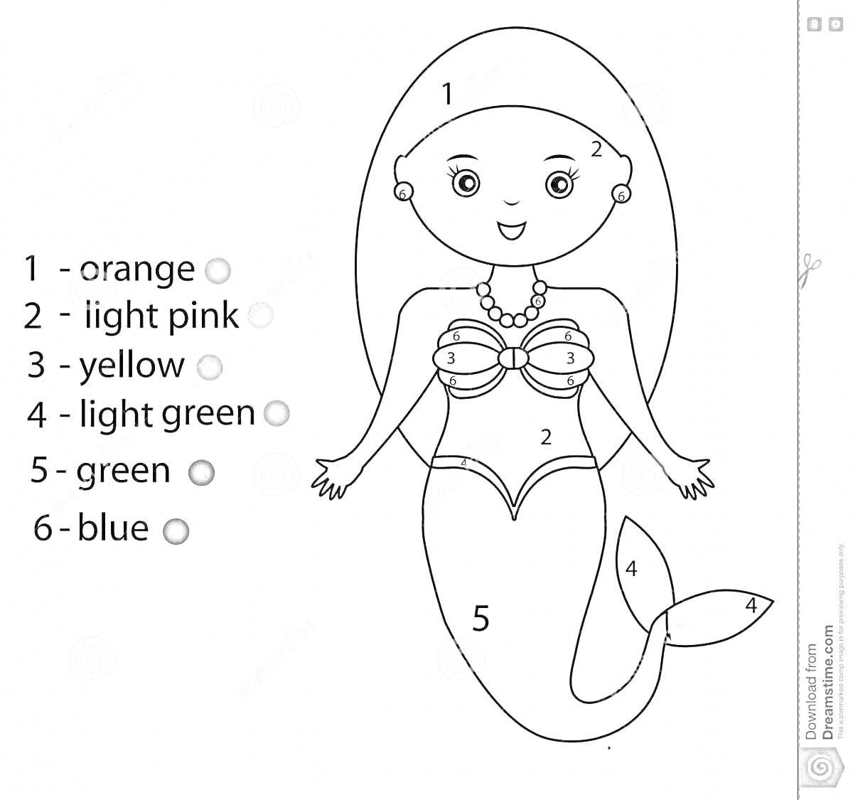 Раскраска русалочка с раскраской по номерам, цвета: оранжевый, светло-розовый, жёлтый, светло-зелёный, зелёный, синий