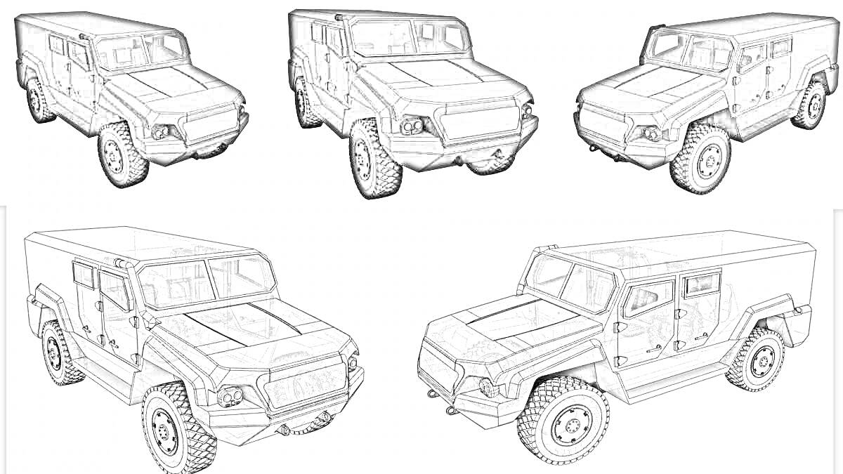 Раскраска внедорожные автомобили, различные представления (3D модель, проволочные каркасные модели)