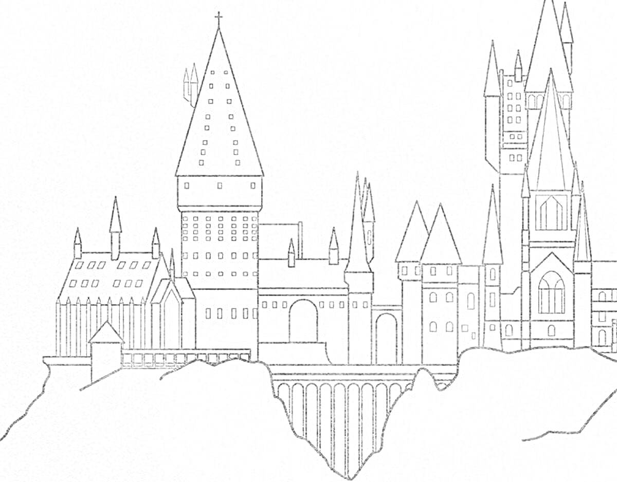 На раскраске изображено: Хогвартс, Замок, Башни, Мост, Архитектура, Линии, Скалы