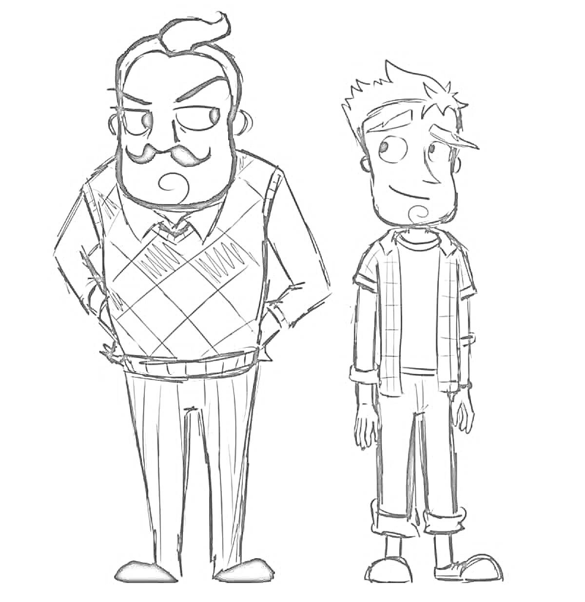 Раскраска Два персонажа, один с усами в вязаном жилете, другой в рубашке и джинсах
