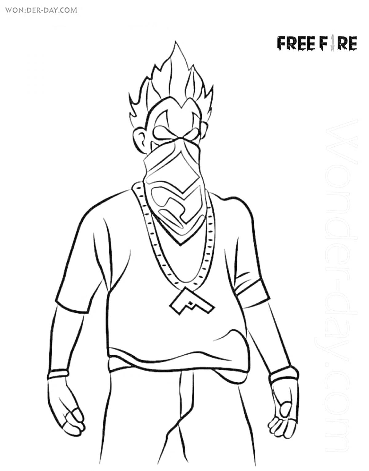 Раскраска Персонаж в маске из игры Free Fire с причёской, в длинном оверсайз топе и с ожерельем на шее