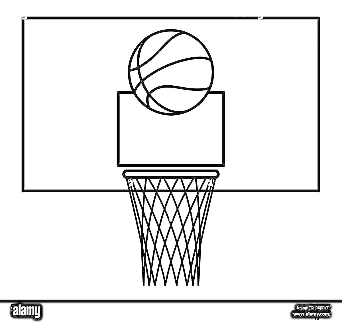 На раскраске изображено: Баскетбол, Кольцо, Щит, Сетка, Спорт