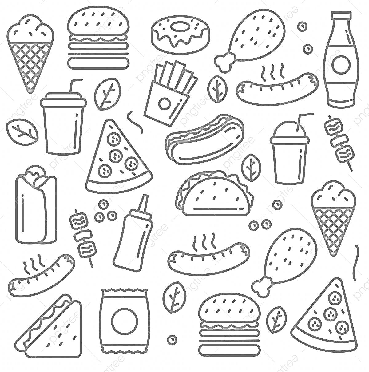 На раскраске изображено: Мороженое, Гамбургер, Пончик, Напиток, Картофель фри, Хот-дог, Пицца, Тако, Кетчуп, Чипсы