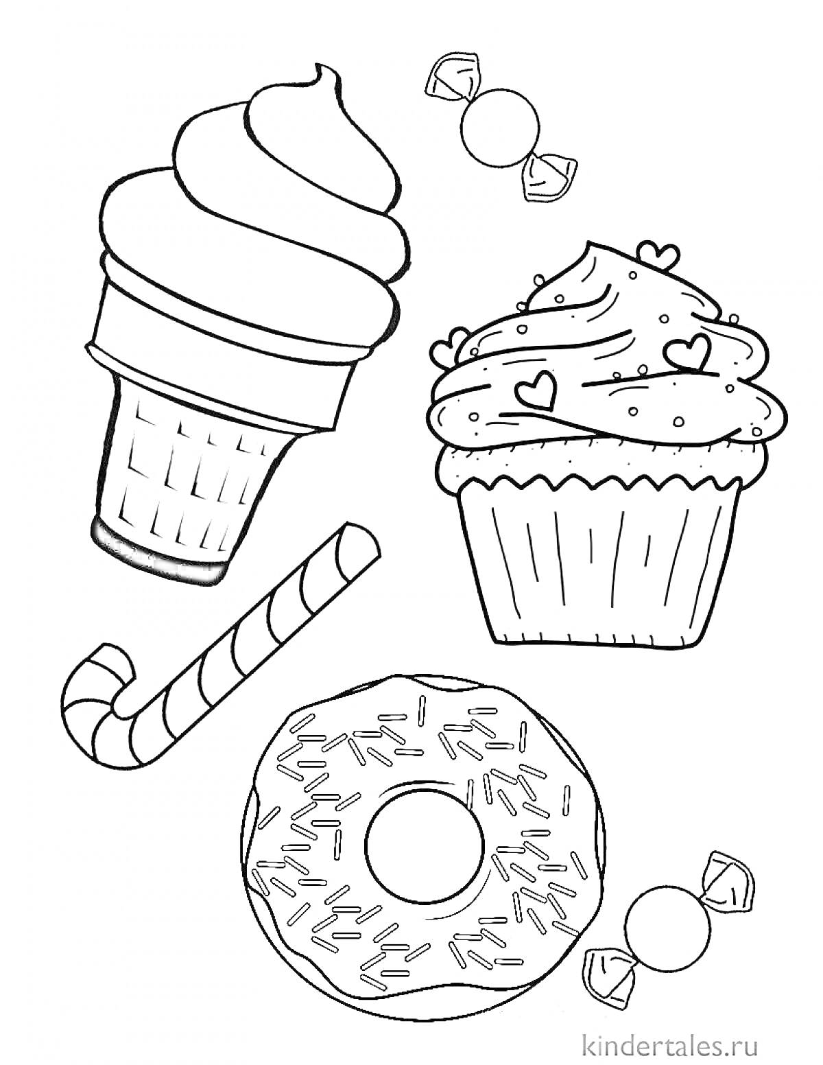 На раскраске изображено: Мороженое, Кекс, Пончик, Конфеты, Сладости, Десерты