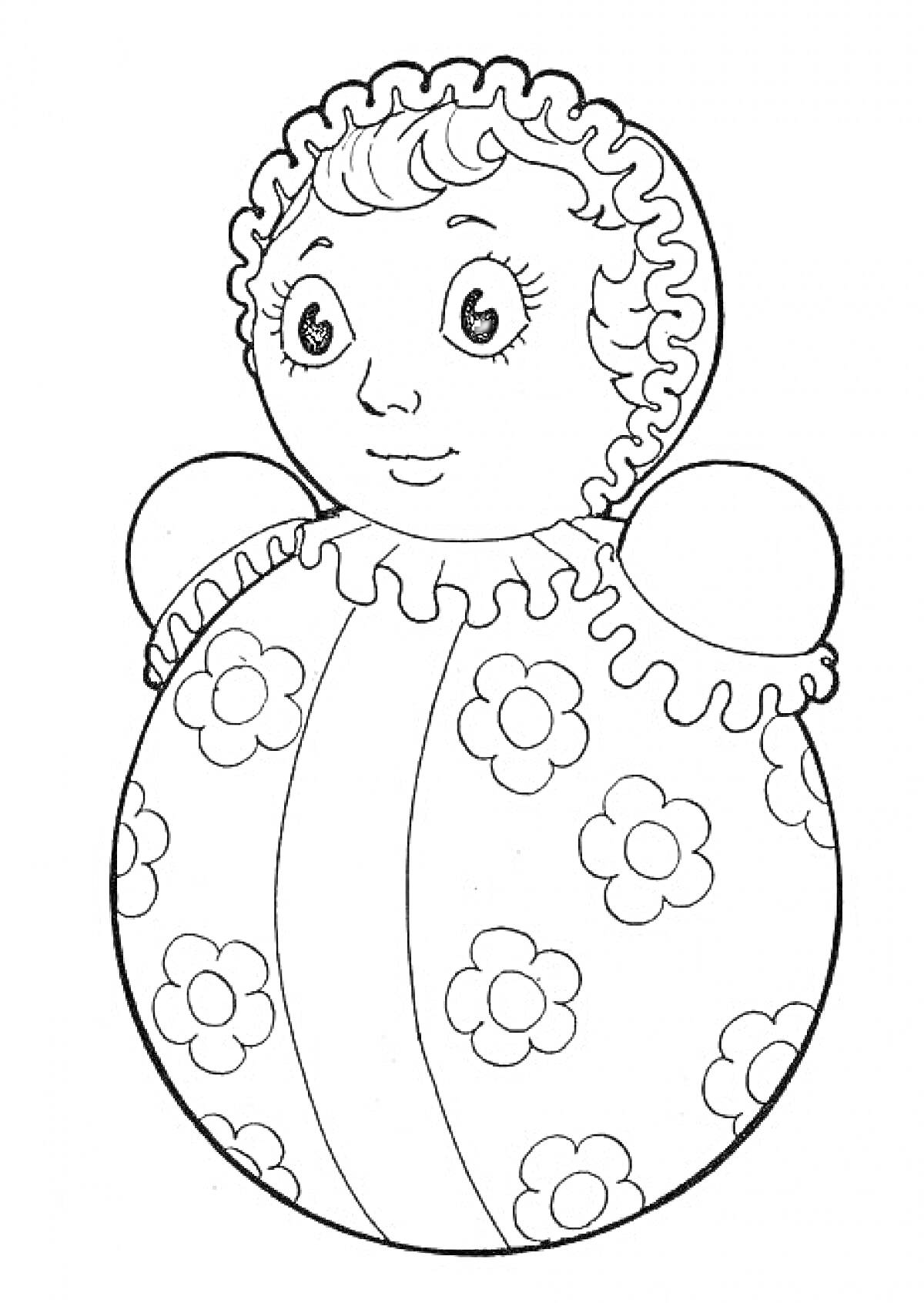 Раскраска Неваляшка с цветочным орнаментом и кудрявыми волосами