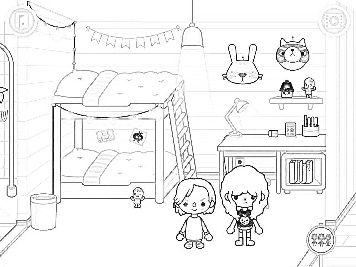 Раскраска Комната с двухъярусной кроватью и письменным столом, украшенная гирляндой и масками животных, с двумя детьми