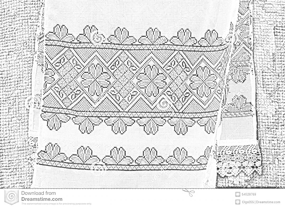 Раскраска Белорусский рушник с узором из ромбов, цветов, горизонтальных линий и кружев по краям