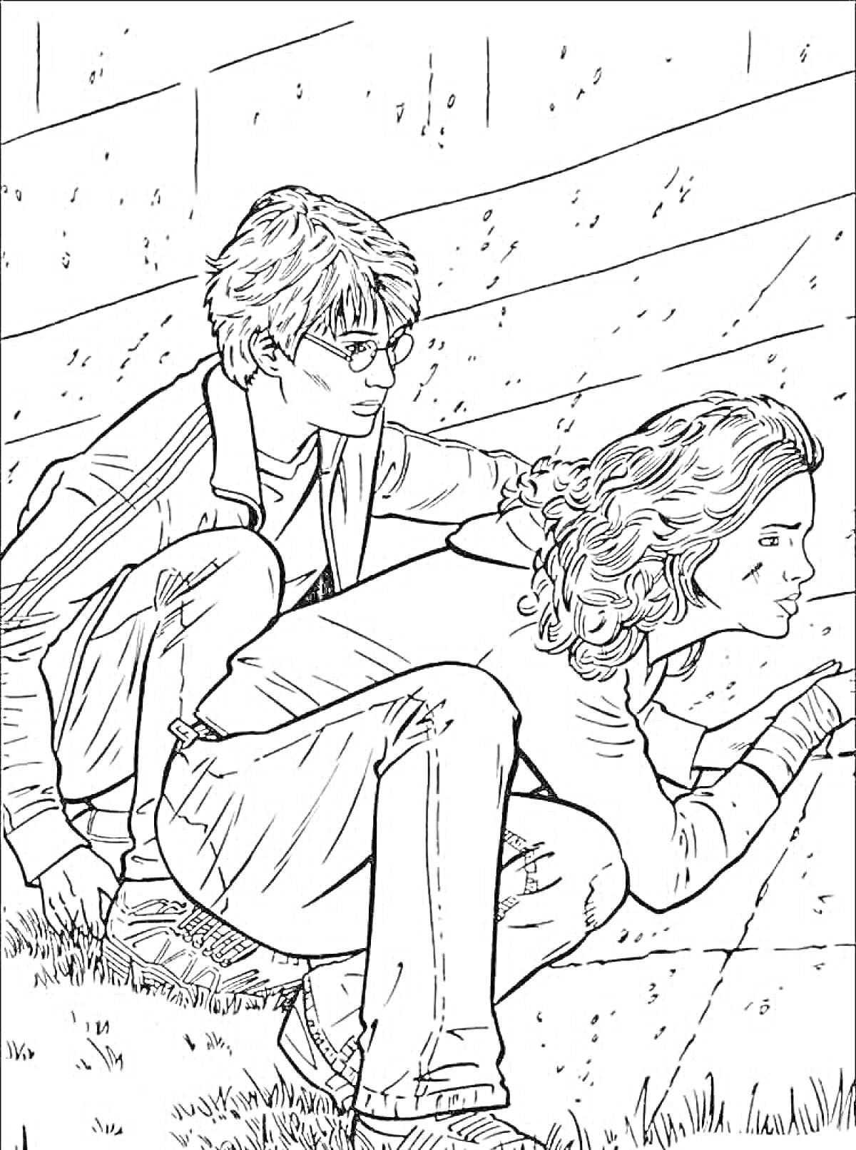 Раскраска Двое подростков скрываются за стеной: поджимающий ноги мальчик в очках и девушка с волнистыми волосами.